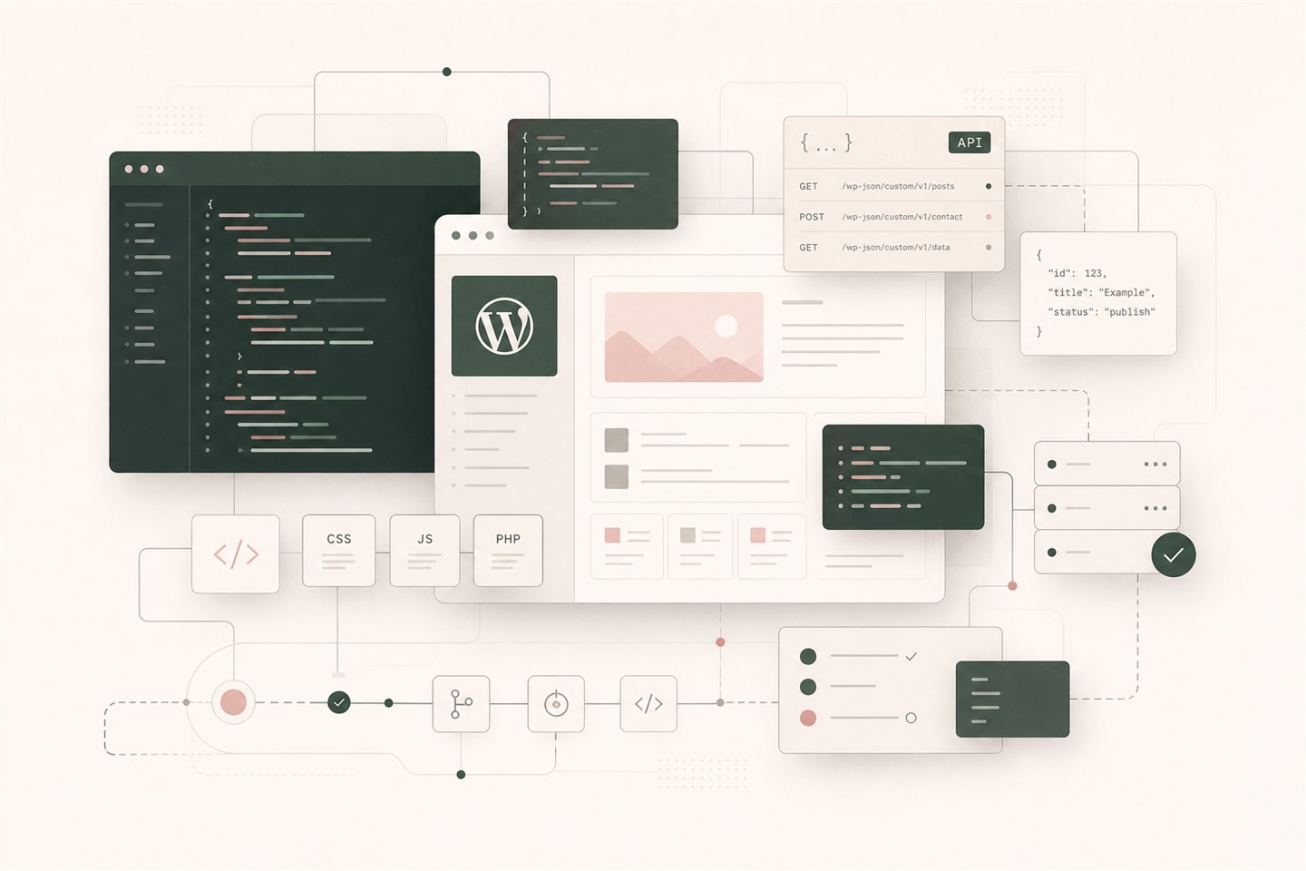 Illustration d'un site éditorial WordPress structuré en Full Site Editing